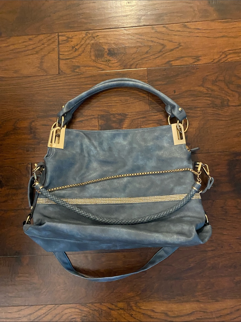 Blue Women’s Satchel Handbag with Gold Accents Y2K slouchy bling